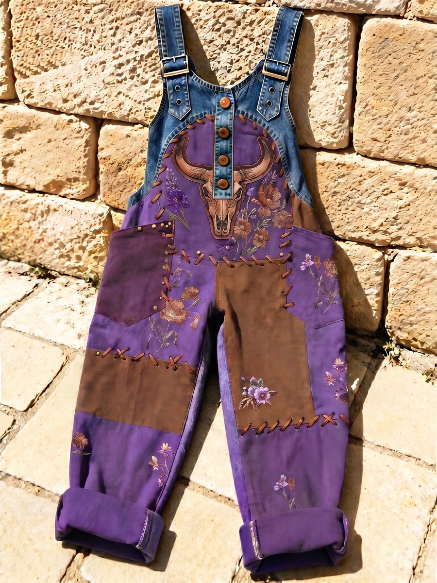 Women's Retro Style Print Washed Cotton Denim Patchwork Jumpsuit